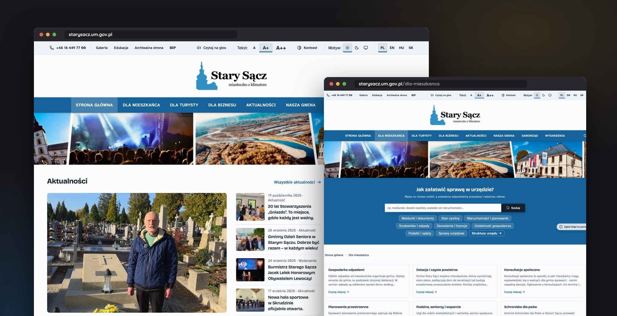 The homepage of the starysacz.um.gov.pl portal and the For Residents section in two browser windows