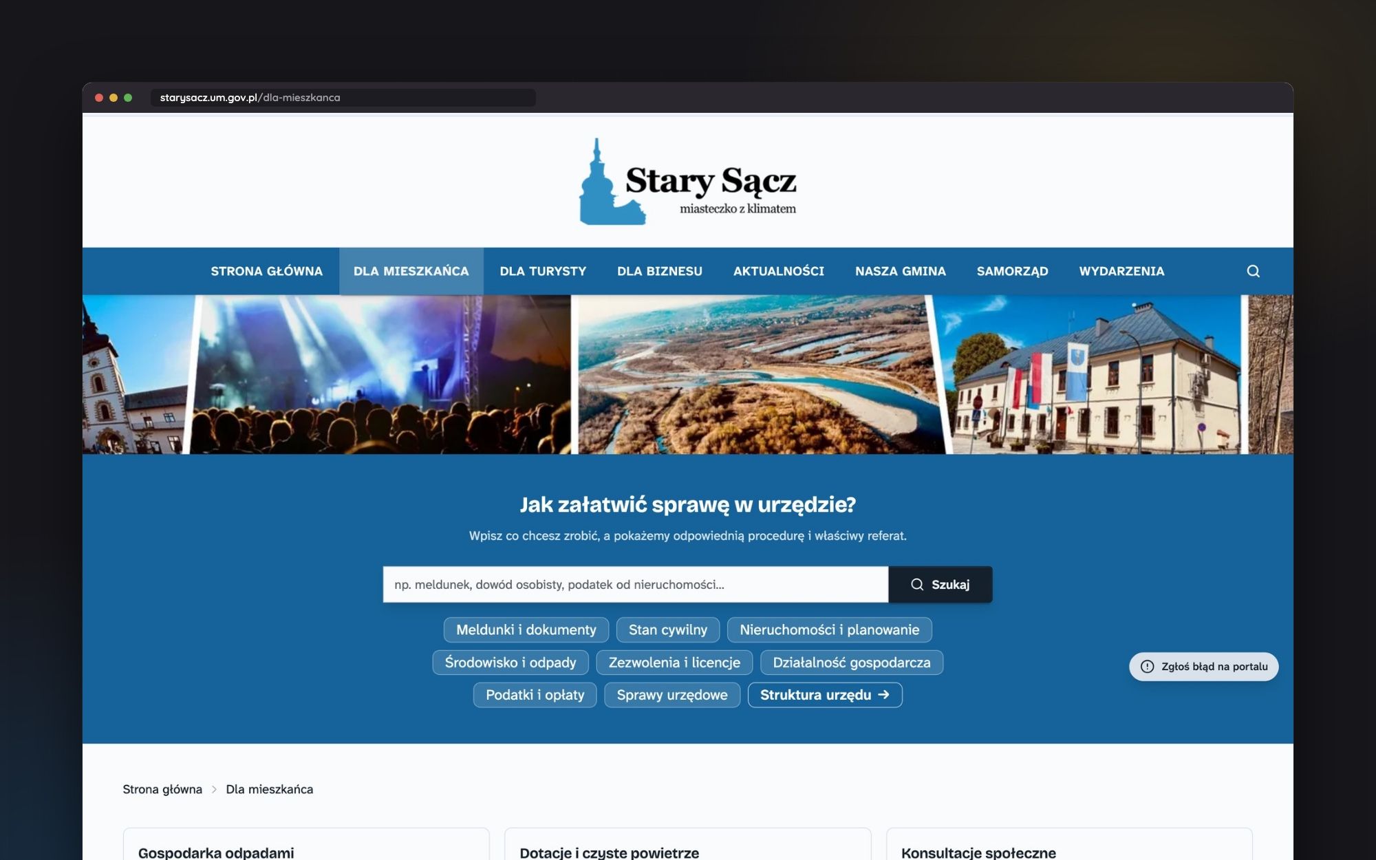 The 'Resident' section with a search engine for official matters and categories of procedures
