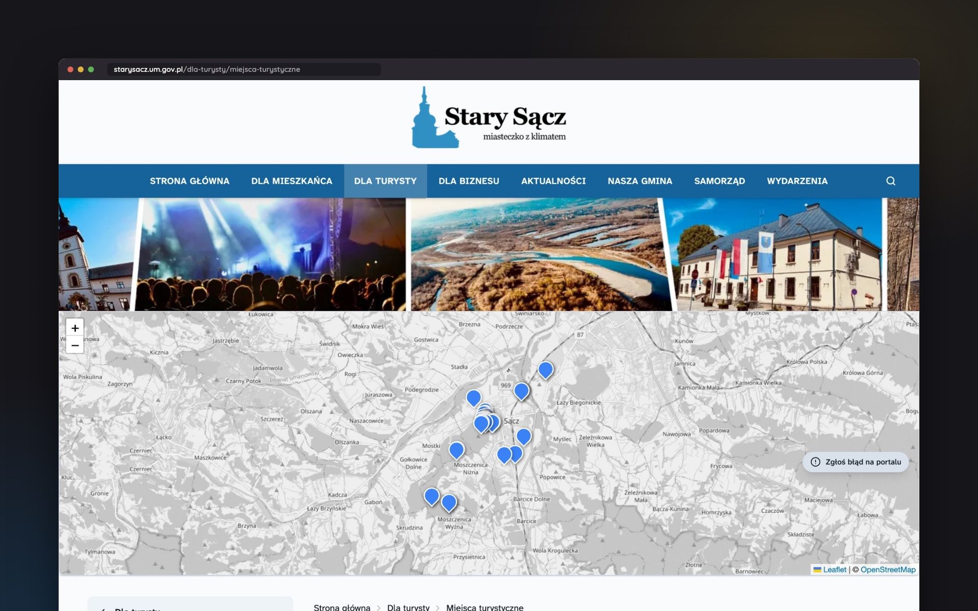 A map of the municipality of Stary Sącz with pins marking tourist locations above a list of attractions
