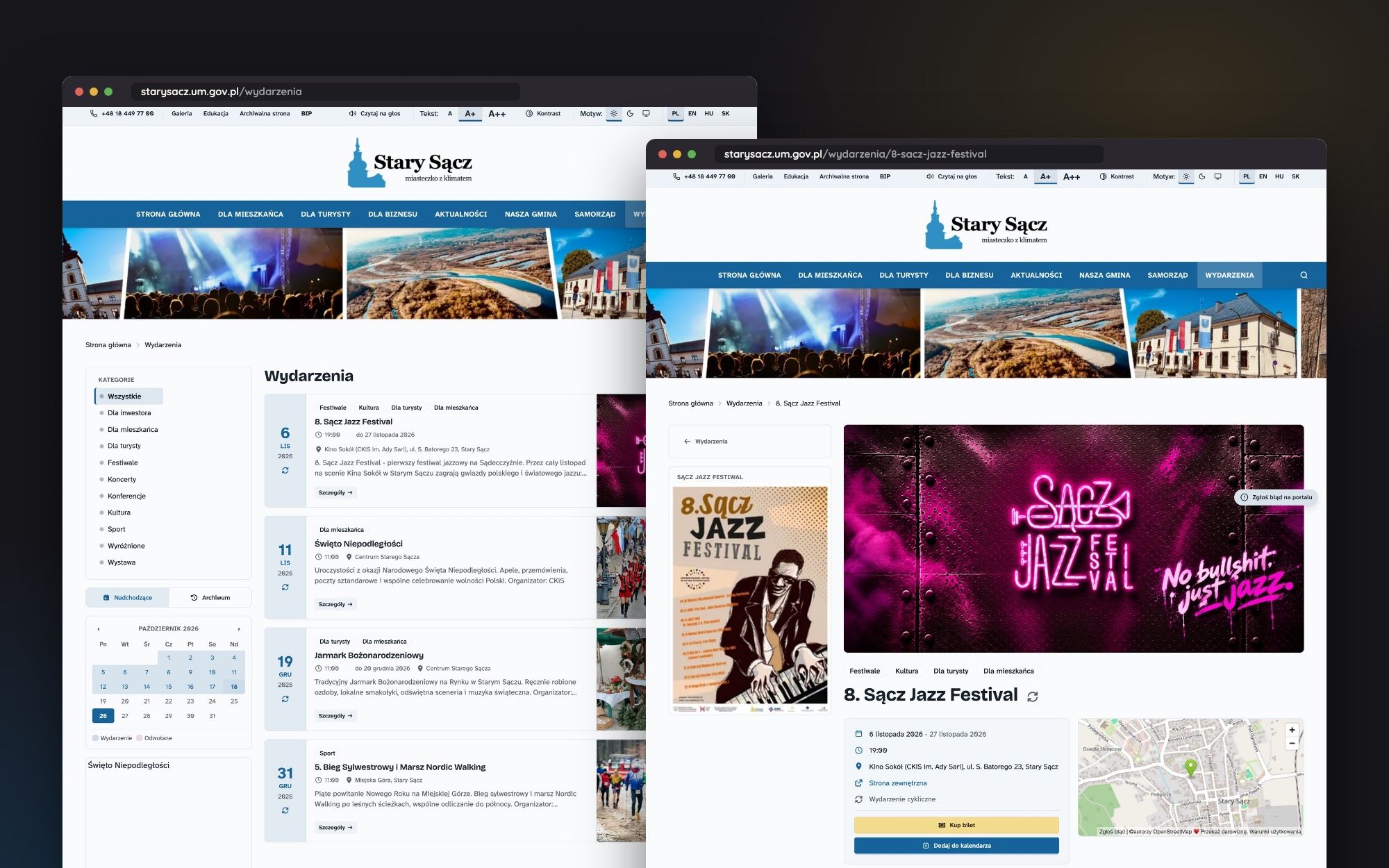 List of events with a monthly calendar next to page 8. Sącz Jazz Festival with a map and Buy ticket button