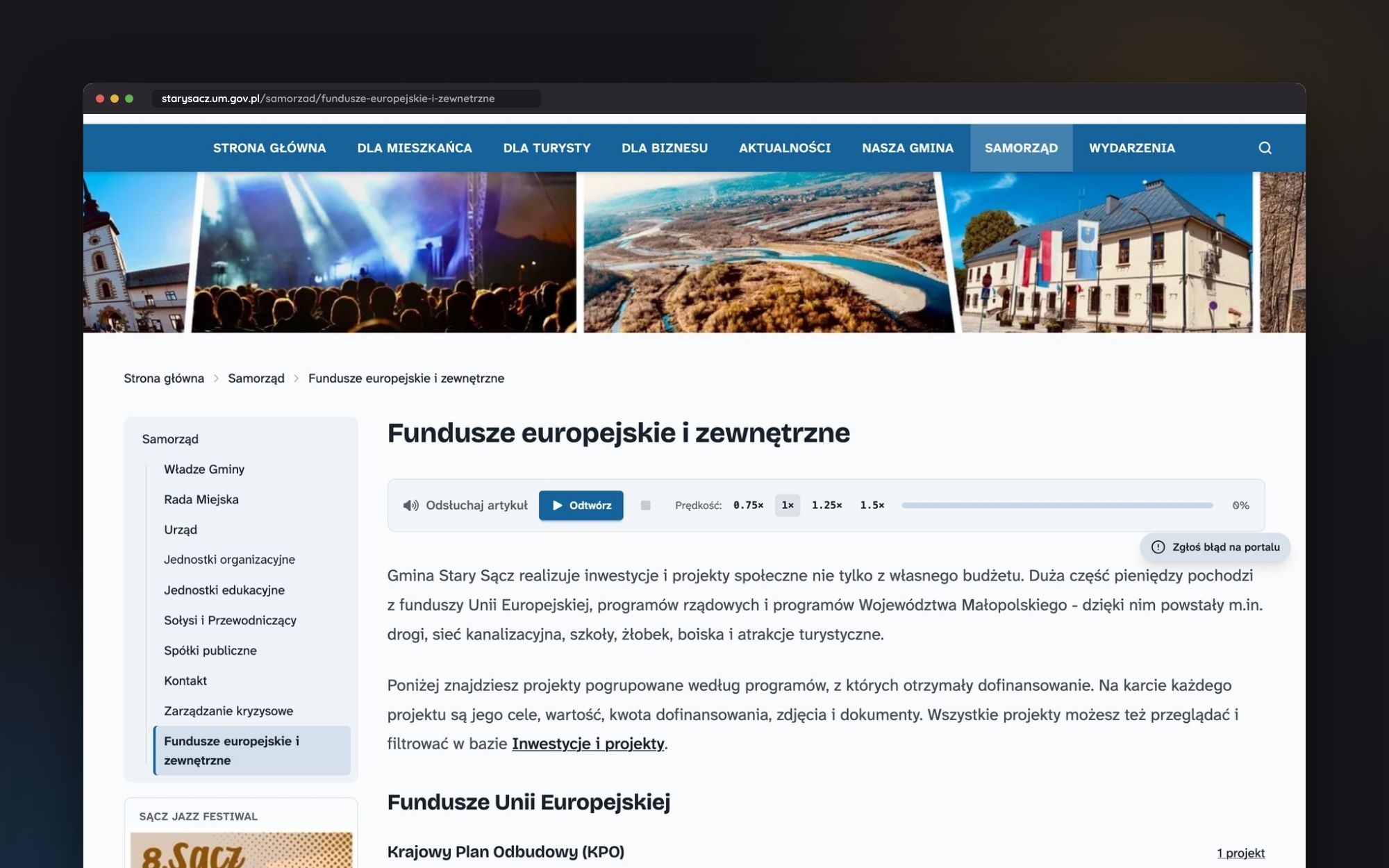The European and External Funds page, with projects grouped by programs