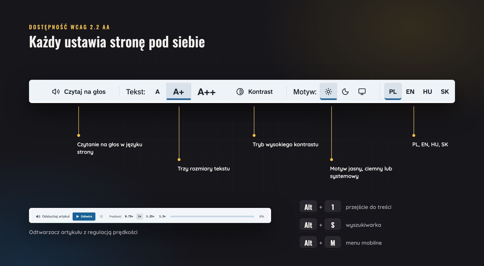Portal toolbar: read aloud, text size, contrast, theme and language selection; below it, the article player and shortcuts Alt+1, Alt+S, Alt+M