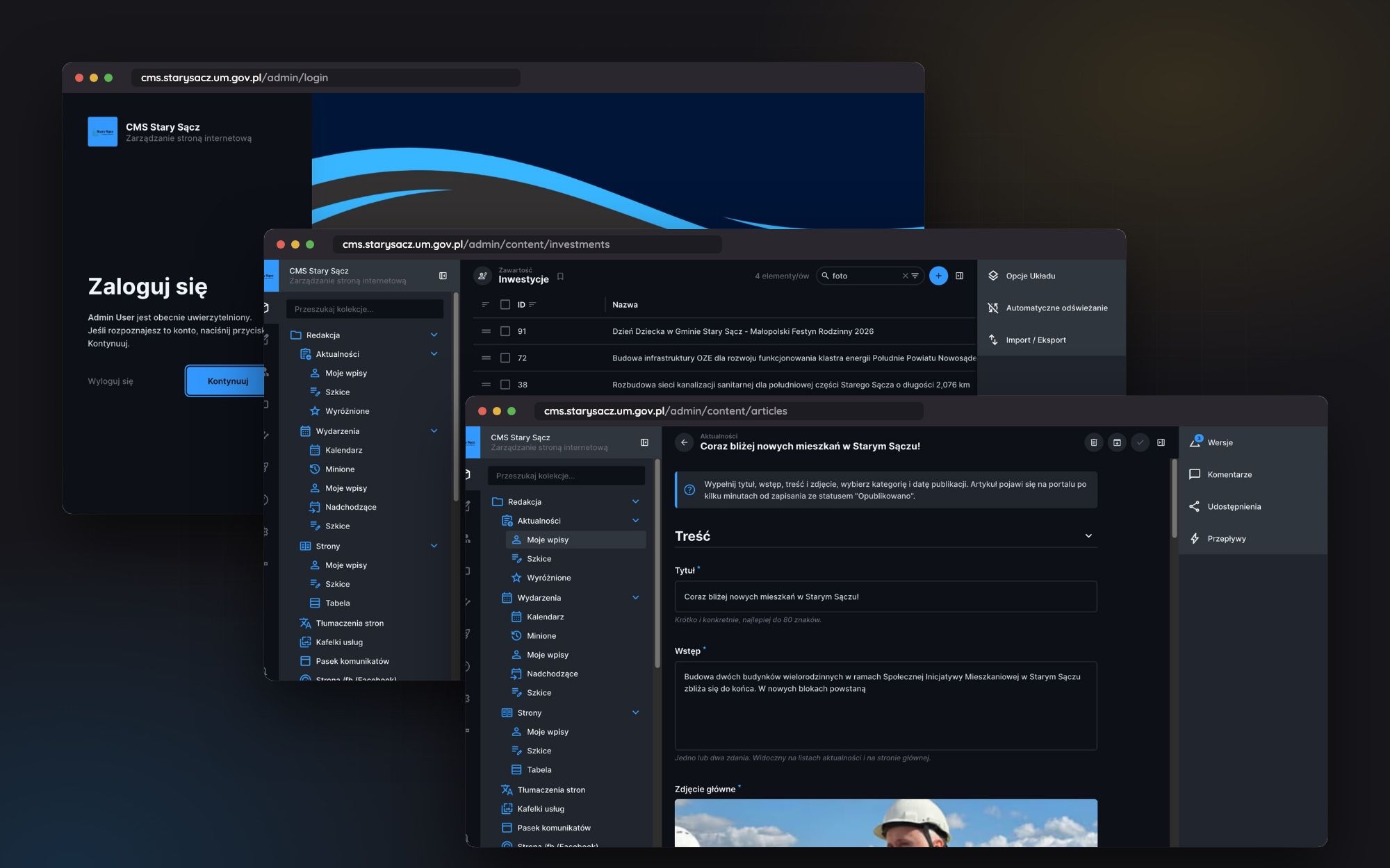 Three windows of the CMS panel for Stary Sącz: login, list of investments, and article editing with tips above the fields