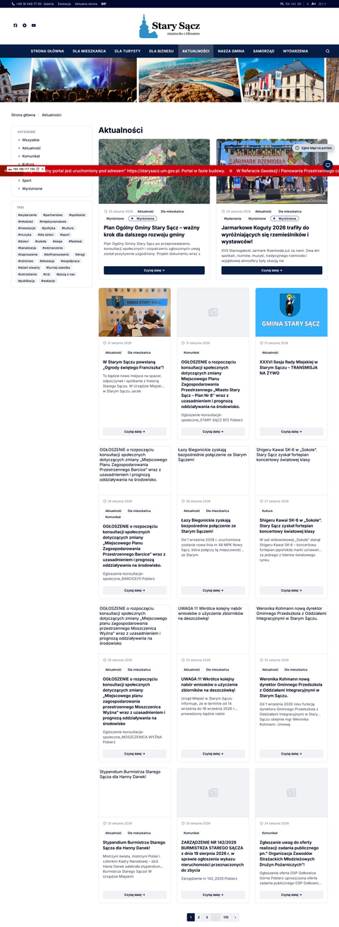 Lista aktualnosci z filtrami po kategoriach i tagach
