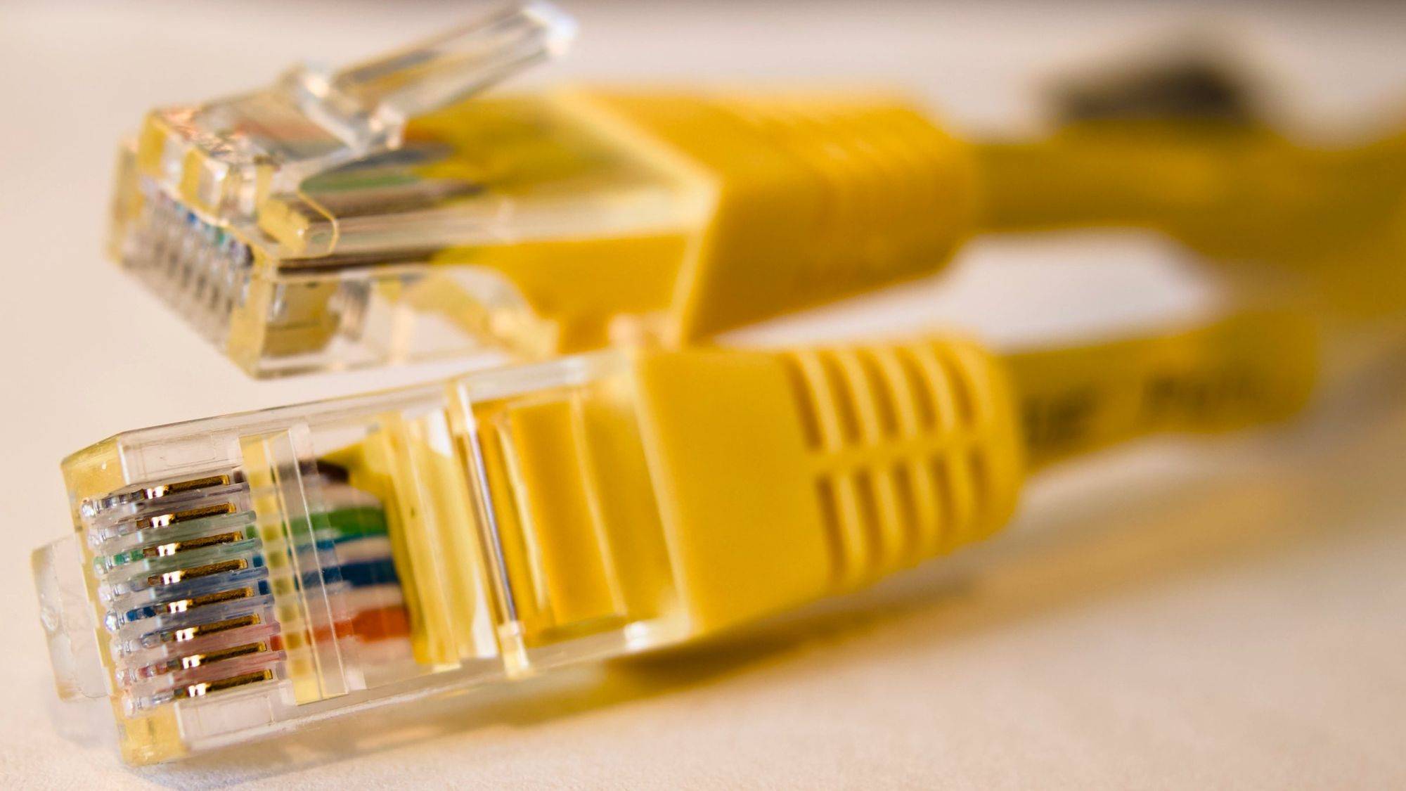 Zbliżenie dwóch żółtych kabli sieciowych z wtyczkami RJ45