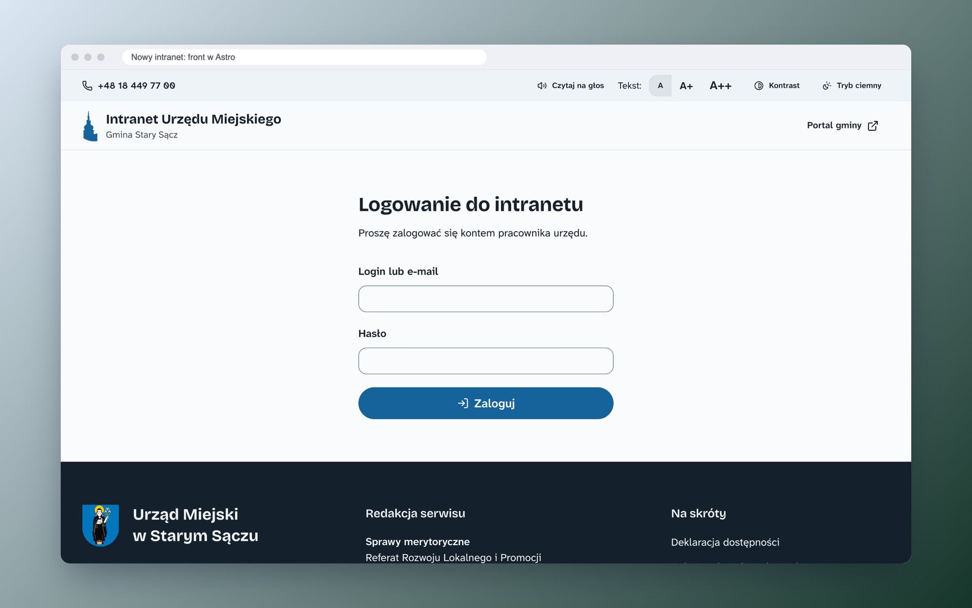 Ekran logowania nowego frontu intranetu z paskiem dostępności