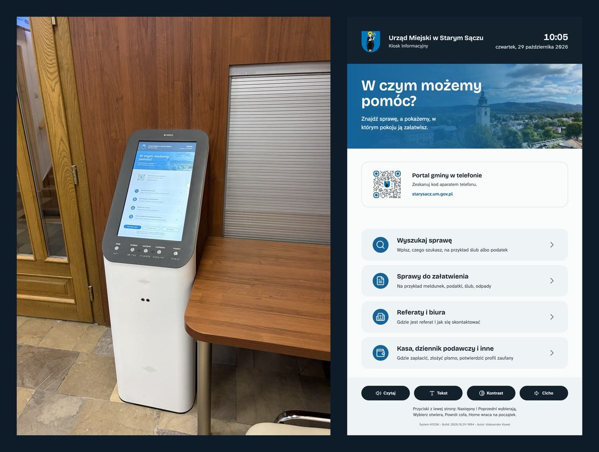 A white information kiosk with a vertical screen in an office lobby next to wooden doors, alongside a screenshot of the startup screen How can we help? with a QR code and four menu buttons