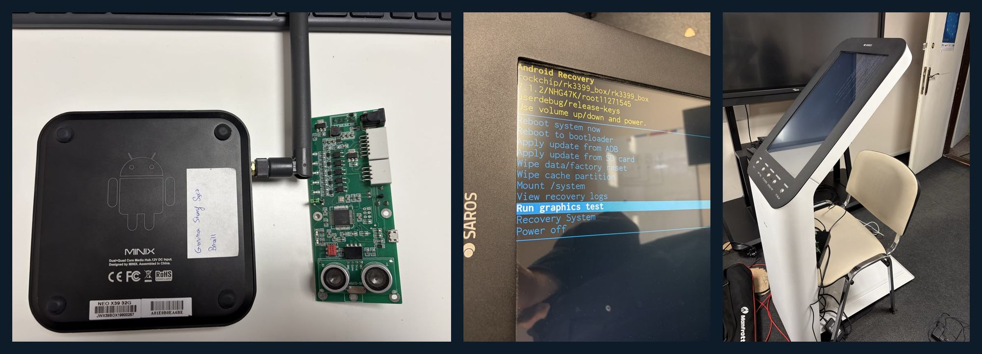 Trzy zdjęcia z diagnozy: komputer MINIX z naklejką Gmina Stary Sącz Braill obok płytki z czujnikiem ultradźwiękowym, menu Android Recovery na ekranie kiosku i kiosk na zapleczu podczas startu systemu