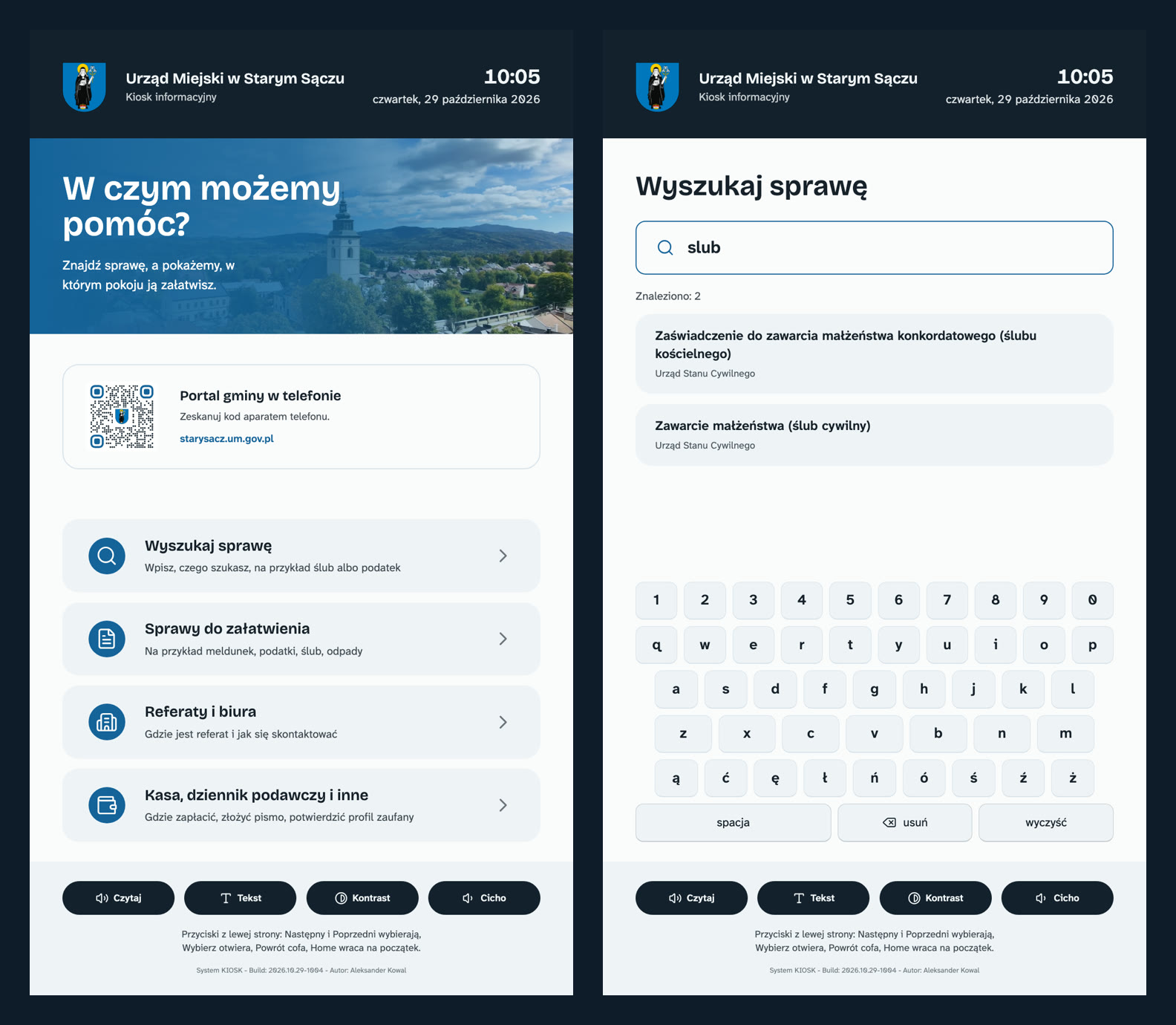 Ekran startowy kiosku i wyszukiwarka spraw z klawiaturą ekranową z polskimi znakami, po wpisaniu słowa slub znalezione dwie sprawy dotyczące ślubu