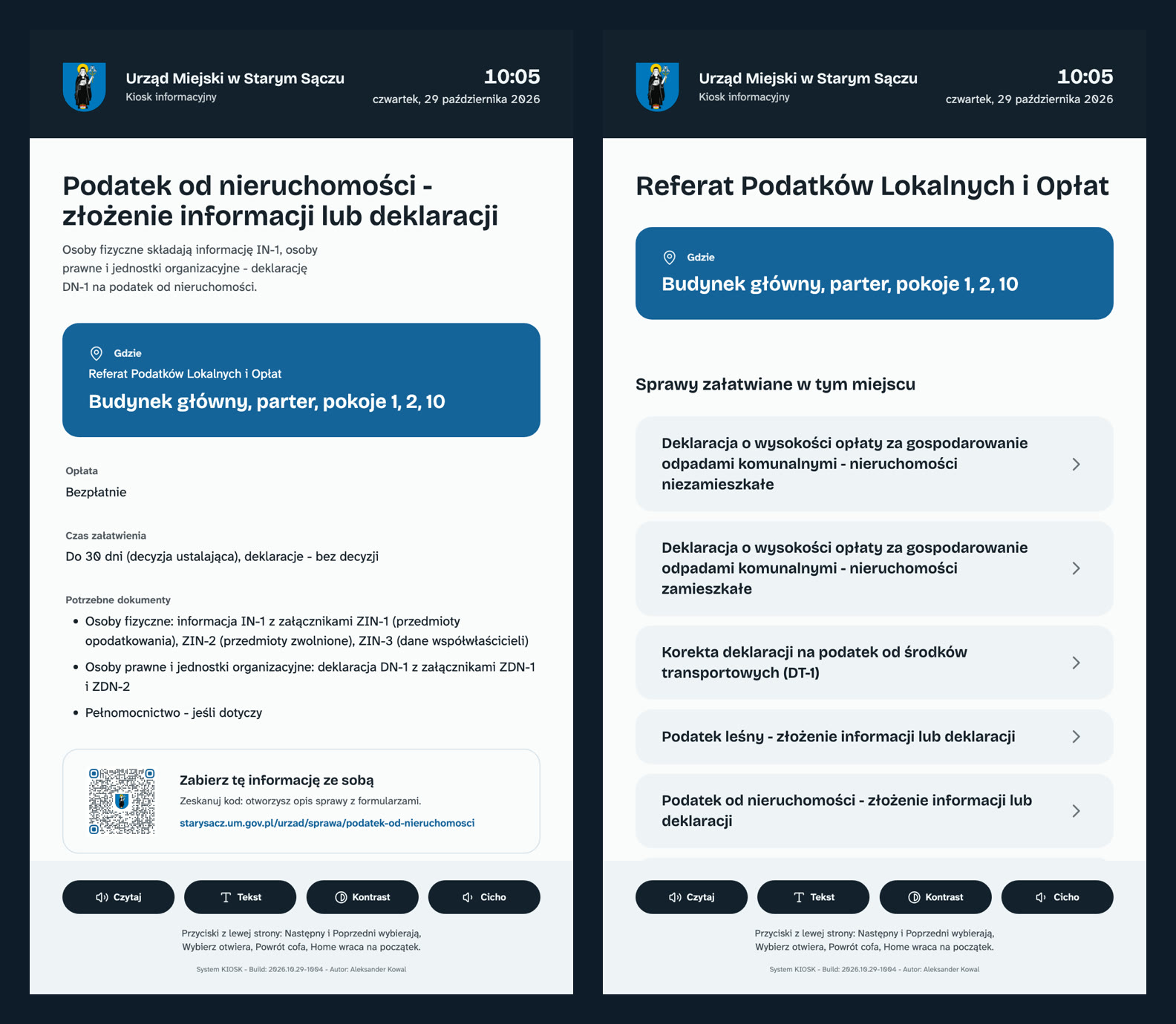Karta sprawy Podatek od nieruchomości z wyróżnionym miejscem załatwienia, opłatą, czasem i listą dokumentów oraz kodem QR, obok karta referatu z listą spraw załatwianych w tym miejscu