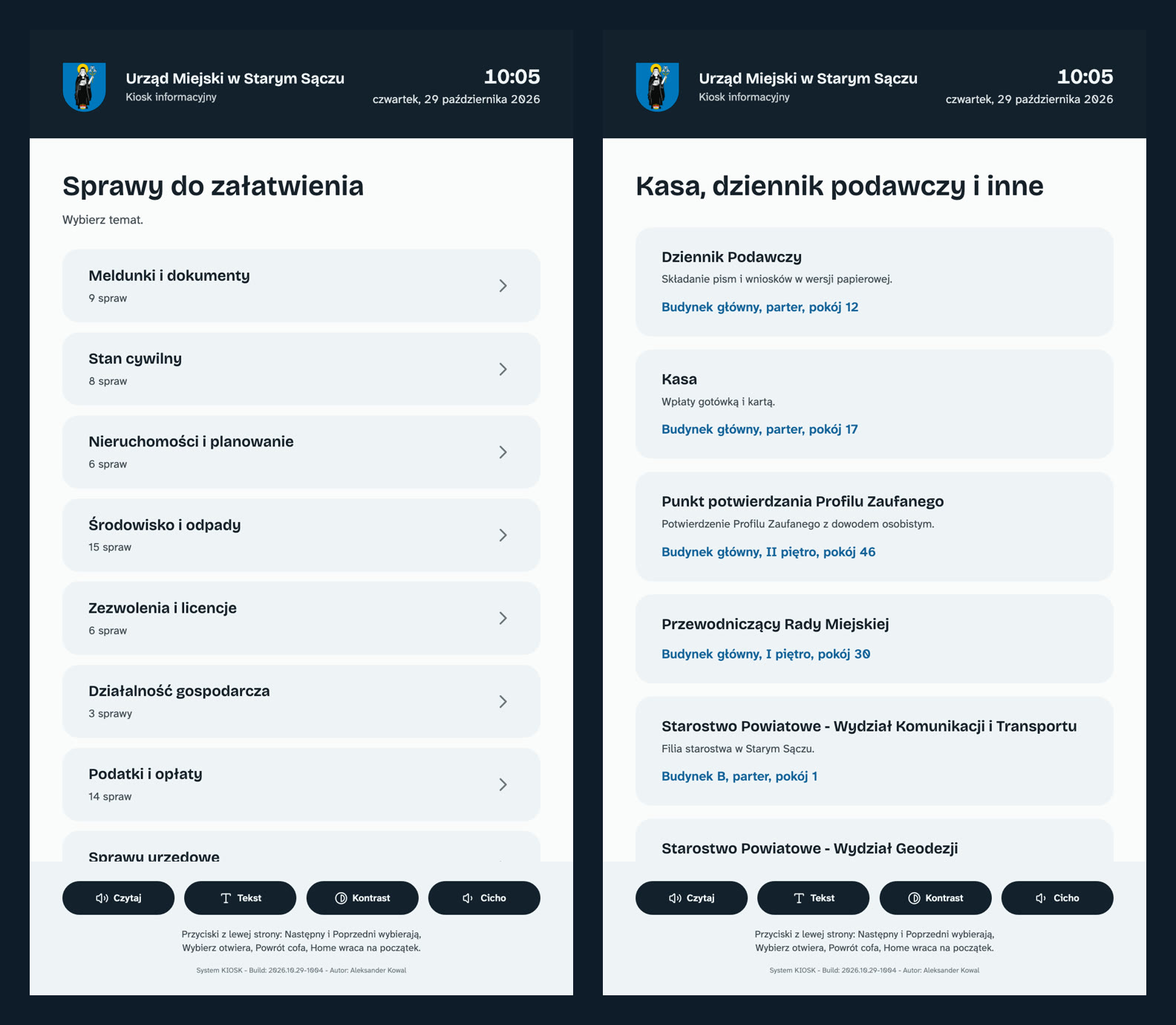 Lista kategorii spraw do załatwienia oraz lista miejsc w urzędzie: dziennik podawczy, kasa, punkt potwierdzania profilu zaufanego i filie starostwa z budynkiem, piętrem i numerem pokoju