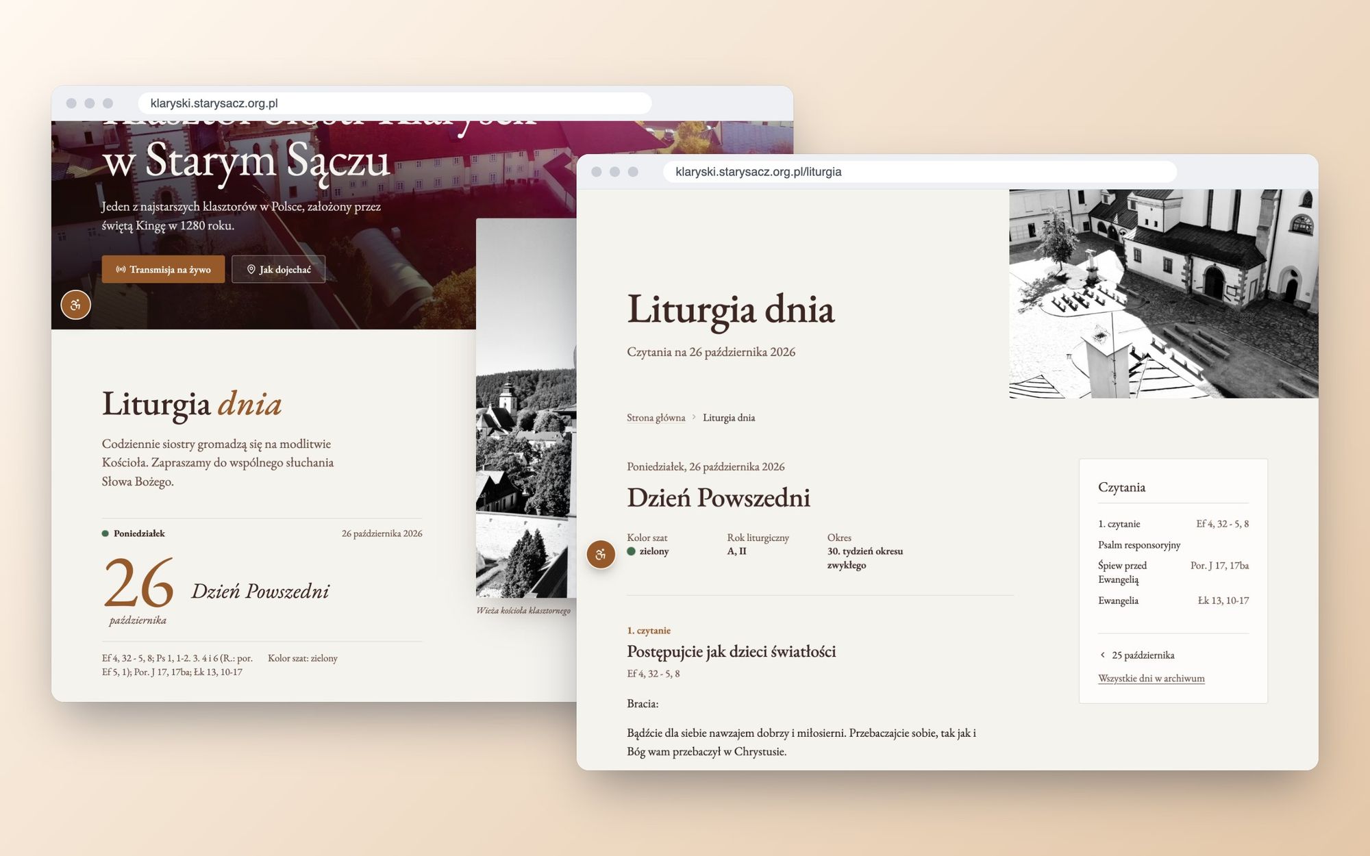 Kafel Liturgia dnia na stronie głównej z dużą datą obok podstrony z czytaniami, kolorem szat i okresem liturgicznym