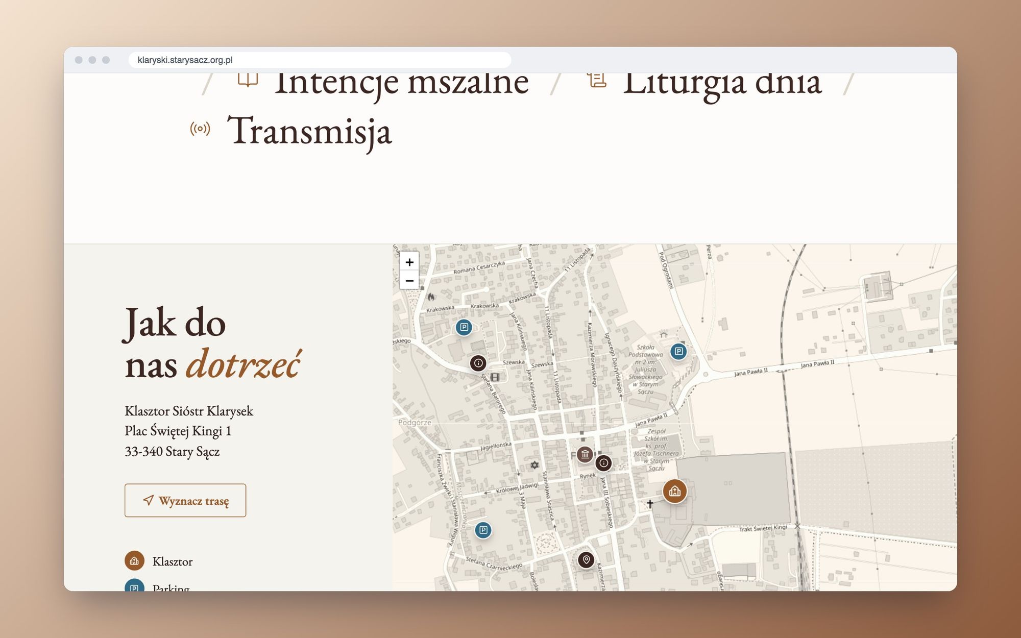 Skróty do najważniejszych podstron pisane dużą szeryfową czcionką nad mapą dojazdu z pinezkami klasztoru, parkingów i atrakcji