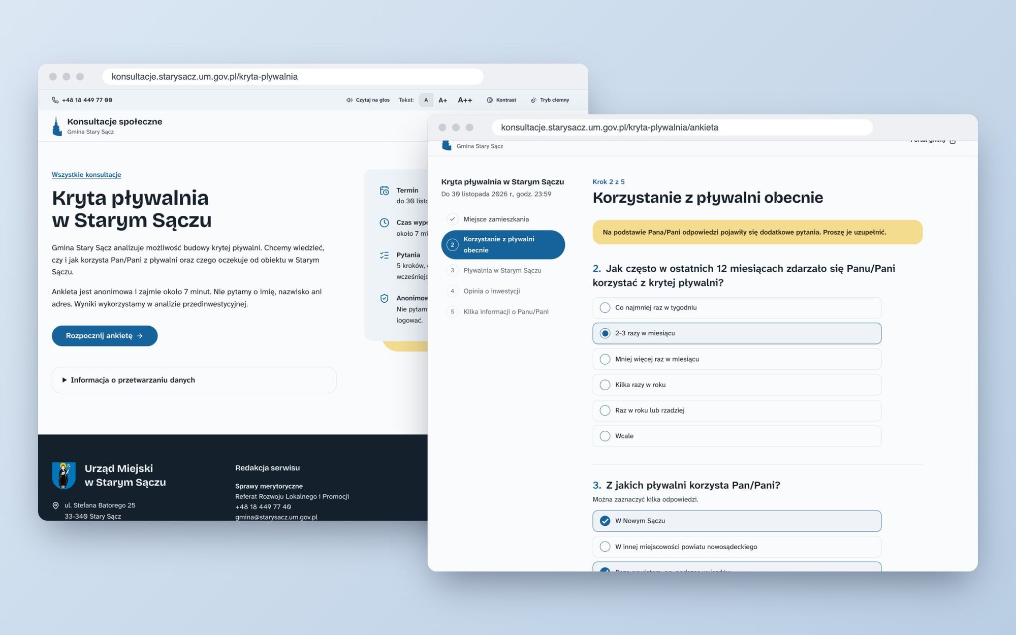 Strona ankiety z terminem i czasem wypełnienia obok drugiego kroku formularza z listą kroków po lewej