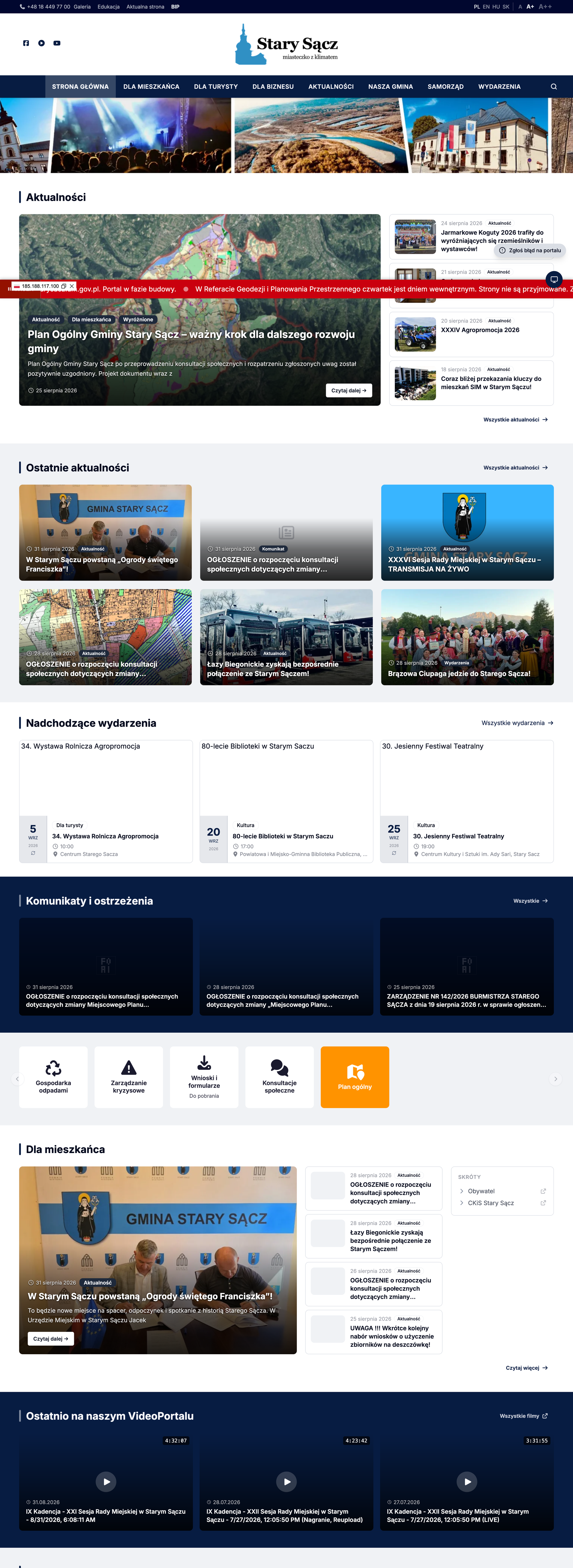 Uklad strony glownej: aktualnosci, sekcje tematyczne, slider uslug, widgety
