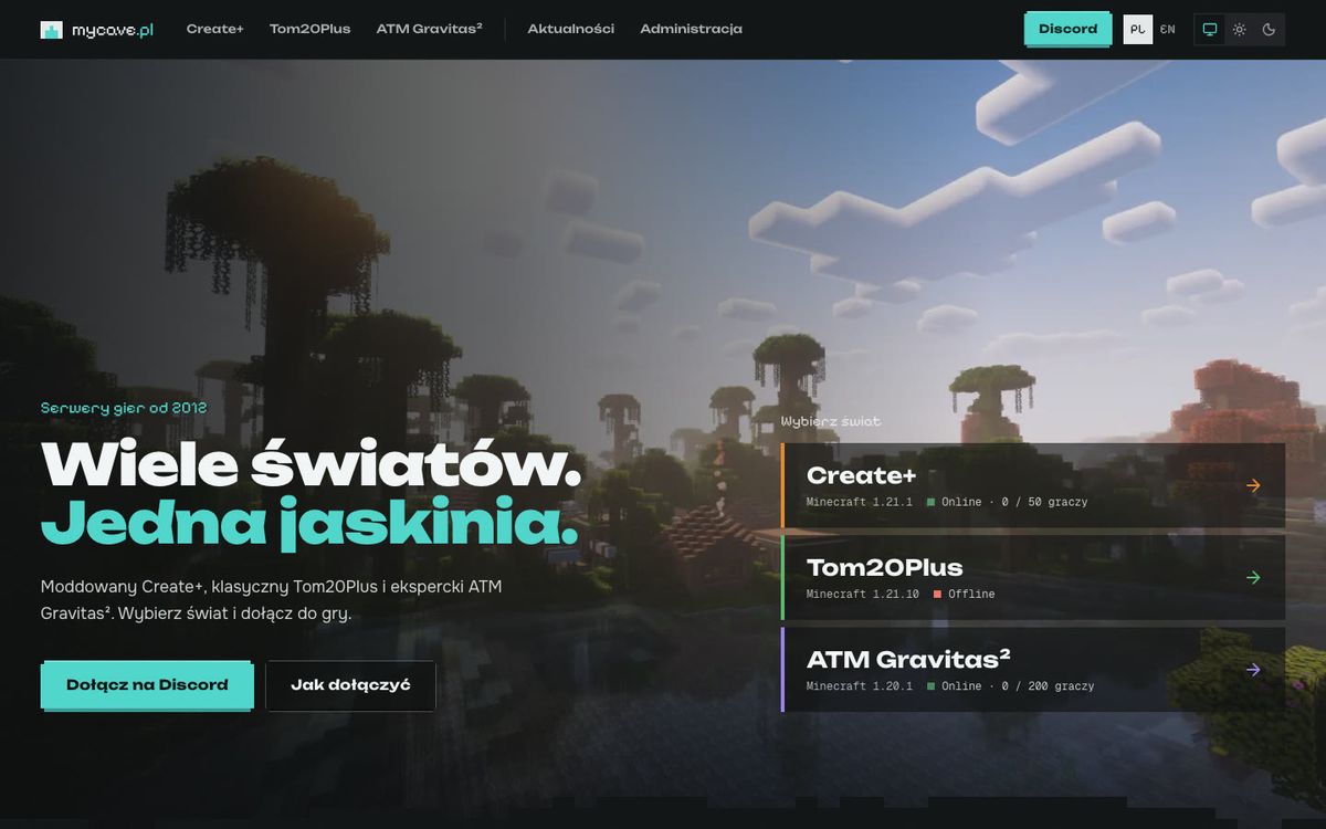 The homepage of mycave.pl in dark mode: the slogan Many worlds. One cave. against a Minecraft landscape background and three server tabs Create+, Tom20Plus, and ATM Gravitas² with online status and player counts