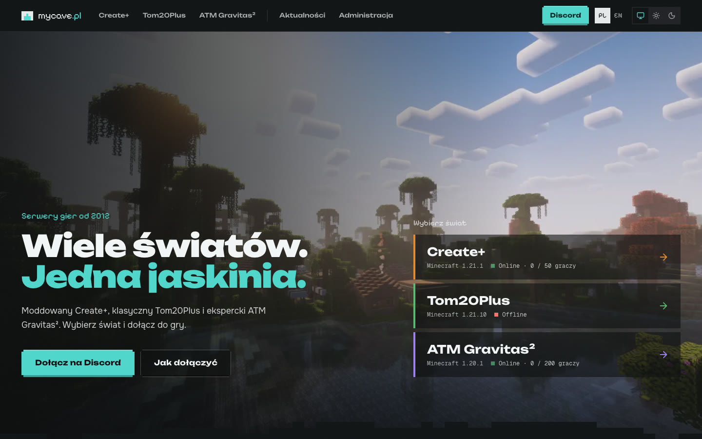 Strona główna mycave.pl w ciemnym motywie: hasło Wiele światów. Jedna jaskinia. na tle krajobrazu z Minecrafta i trzy karty serwerów Create+, Tom20Plus i ATM Gravitas² ze statusem online i liczbą graczy