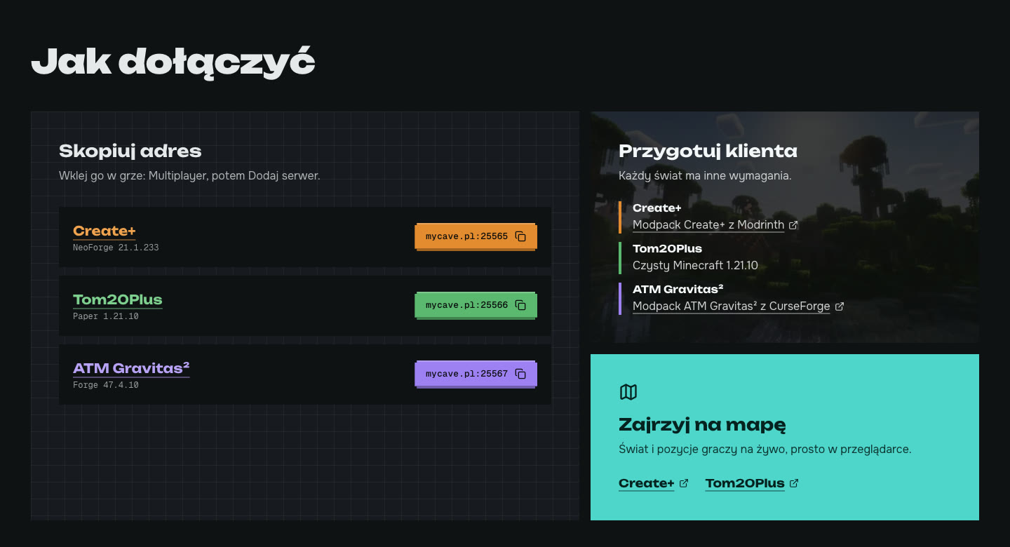 Sekcja Jak dołączyć: adresy trzech serwerów z przyciskami kopiowania, wymagania klienta dla każdego świata i odnośniki do map na żywo