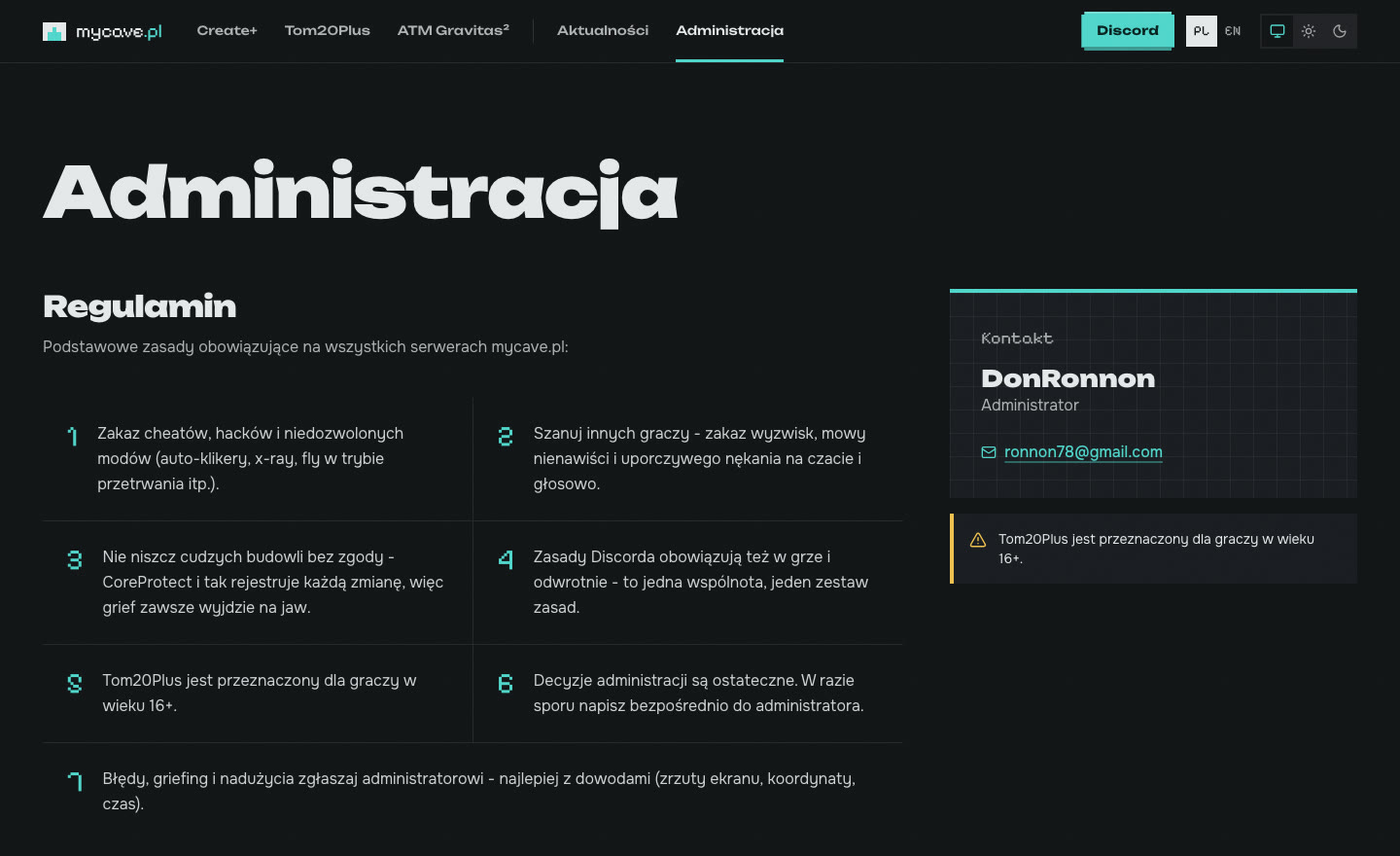 Strona Administracja z siedmioma punktami regulaminu wspólnymi dla wszystkich serwerów, kontaktem do administratora i informacją, że Tom20Plus jest dla graczy 16+