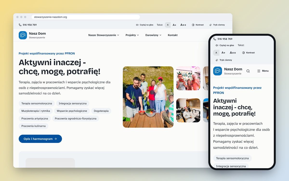The main page of the 'Our Home' Association with the 'Different but Active' project, displayed on a browser and a mobile phone