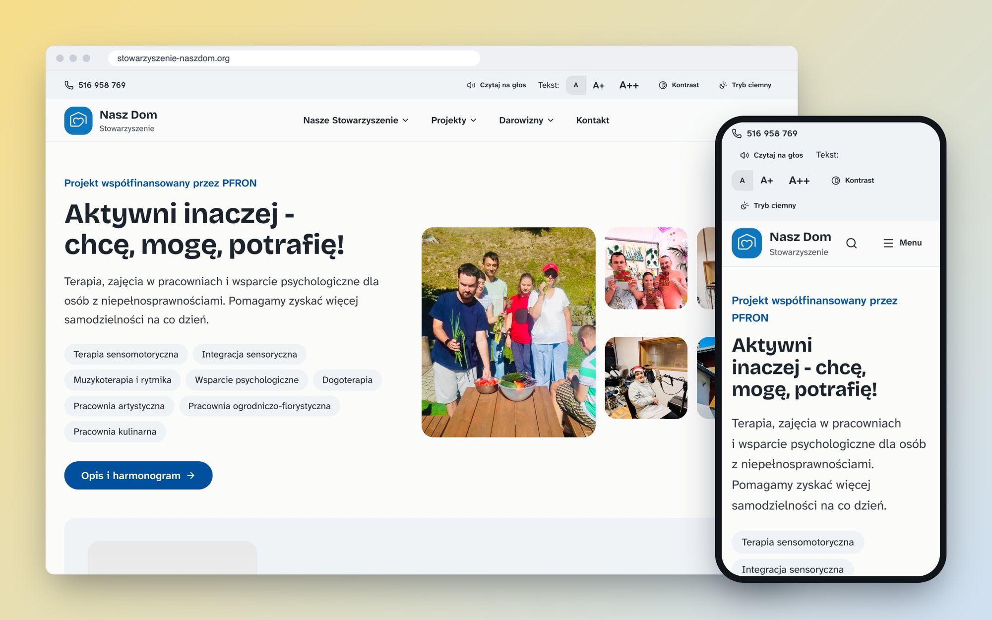 The main page of the 'Our Home' Association with the 'Different but Active' project, displayed on a browser and a mobile phone