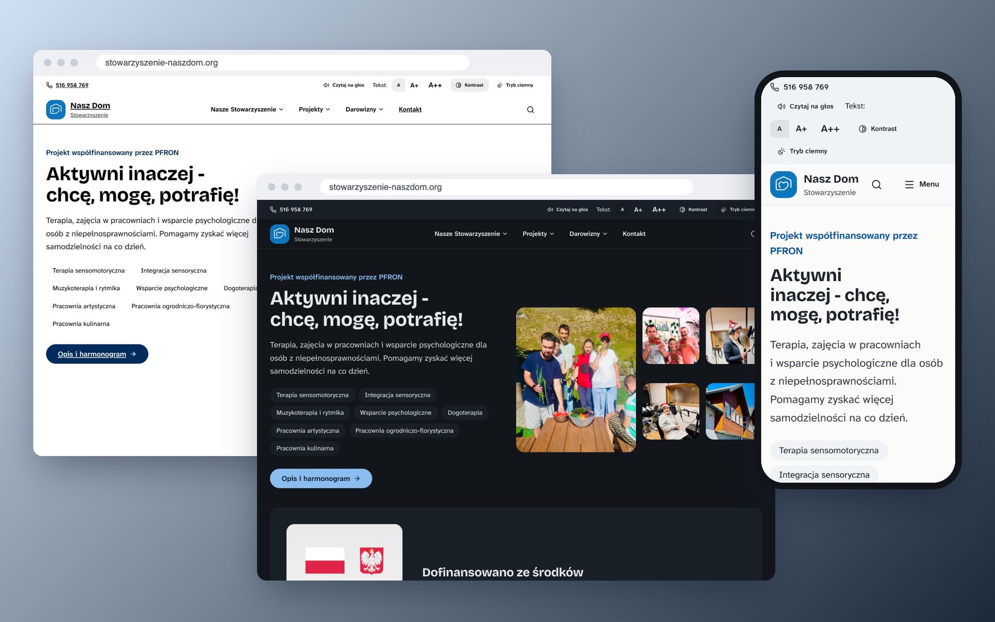 The same homepage in high contrast mode, dark mode, and on a phone with the accessibility bar above the menu