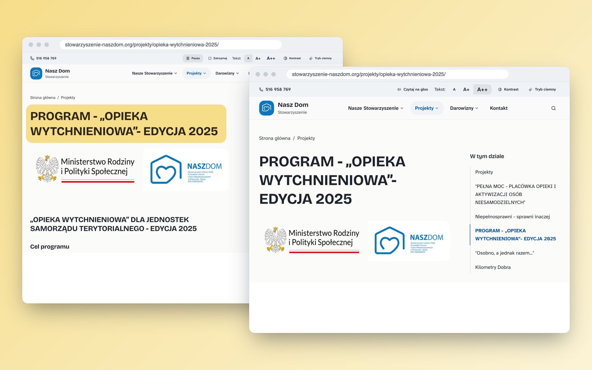 A project page with text-to-speech enabled, featuring pause and stop buttons next to the same page displaying the largest text size
