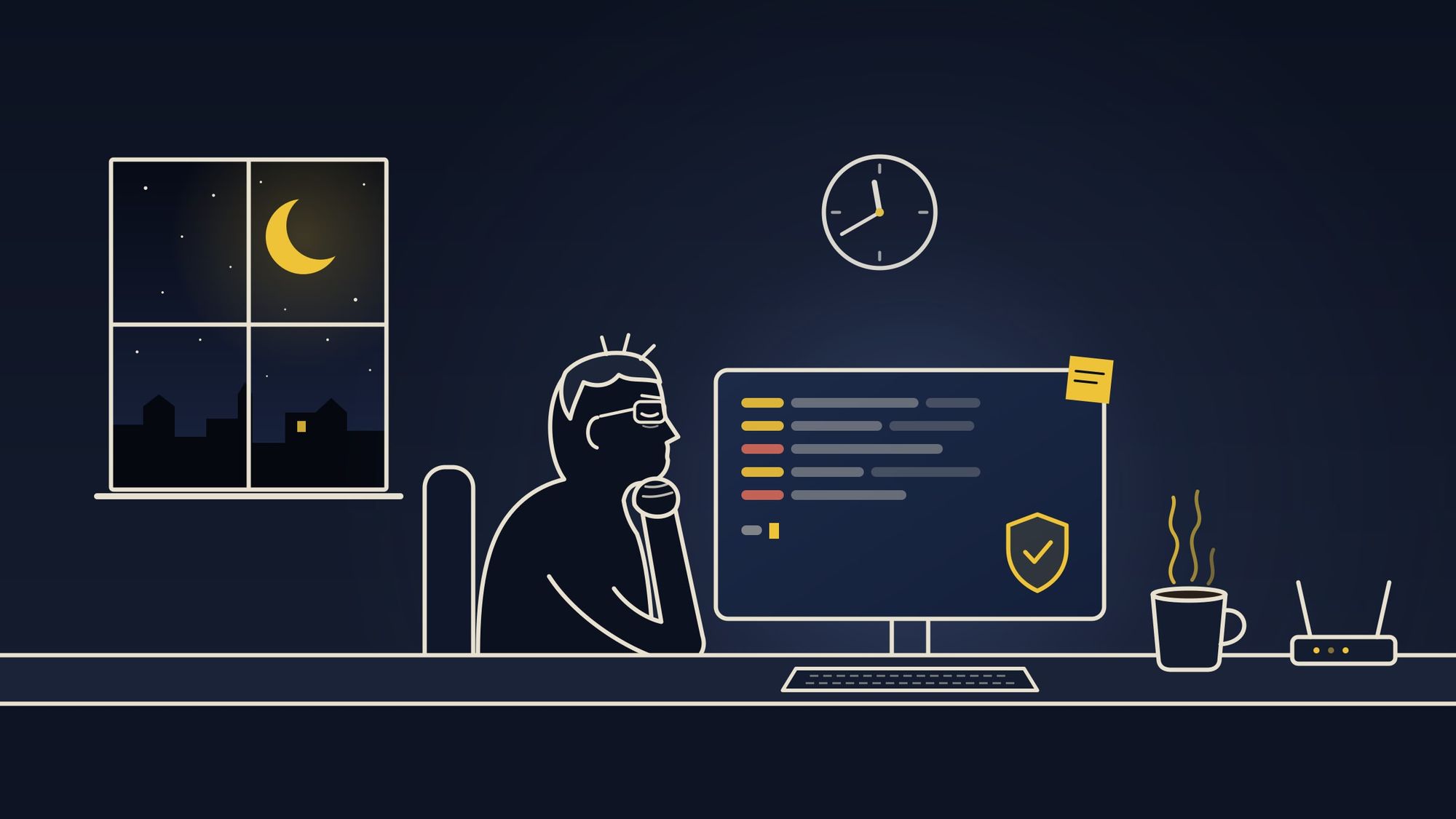 Line illustration: a tired man in glasses sits at a desk at night with his chin resting on his hand. In front of him a monitor with firewall rules and a shield with a tick, next to it a steaming mug and a router. A moon outside the window, the wall clock shows 11:40 pm
