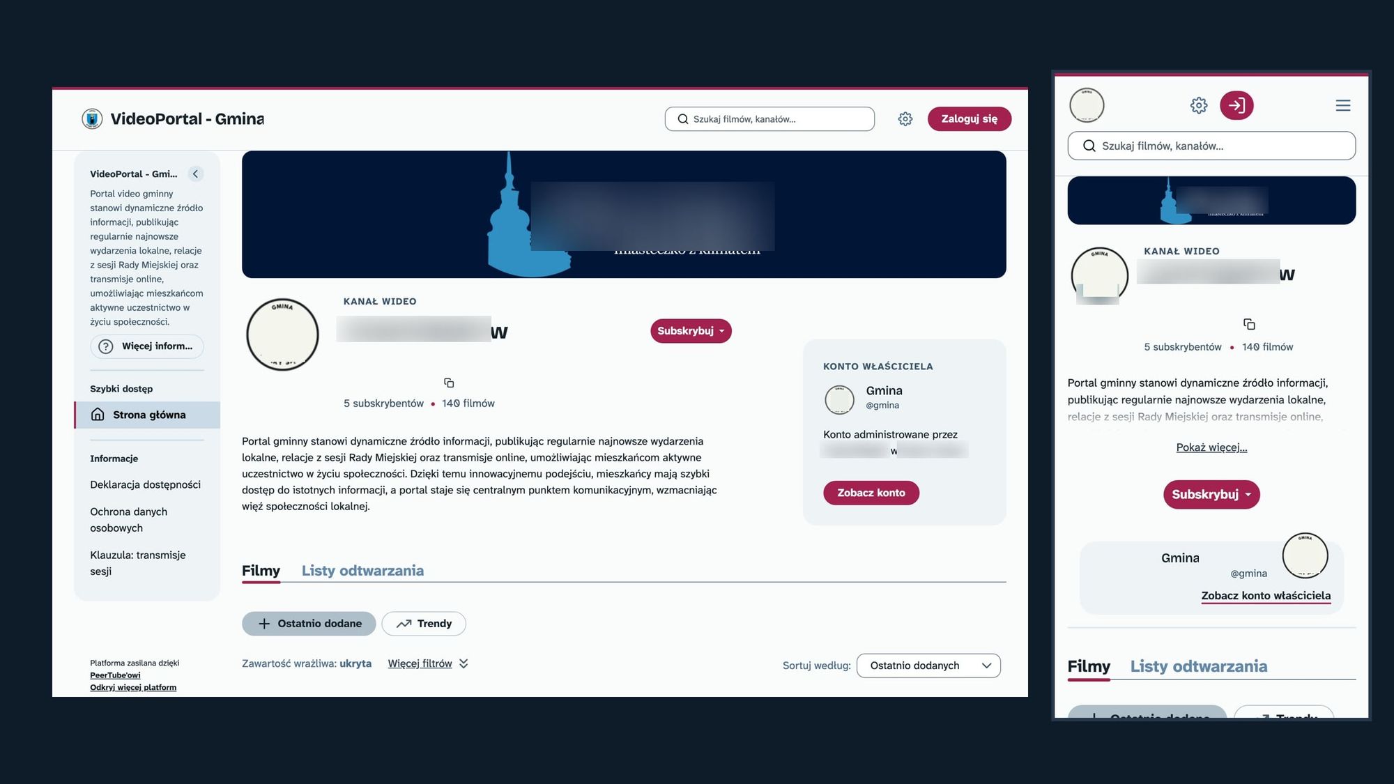 Home page of the Stary Sącz municipal video portal on a computer and a phone: the Town Hall channel with 140 videos and a menu with the accessibility statement and data protection notice
