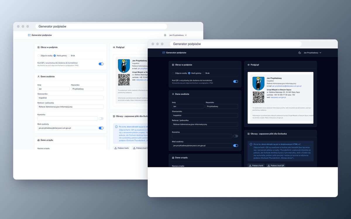 Signature generator in light and dark mode: a form with data on the left, footer preview with coat of arms and QR code on the right