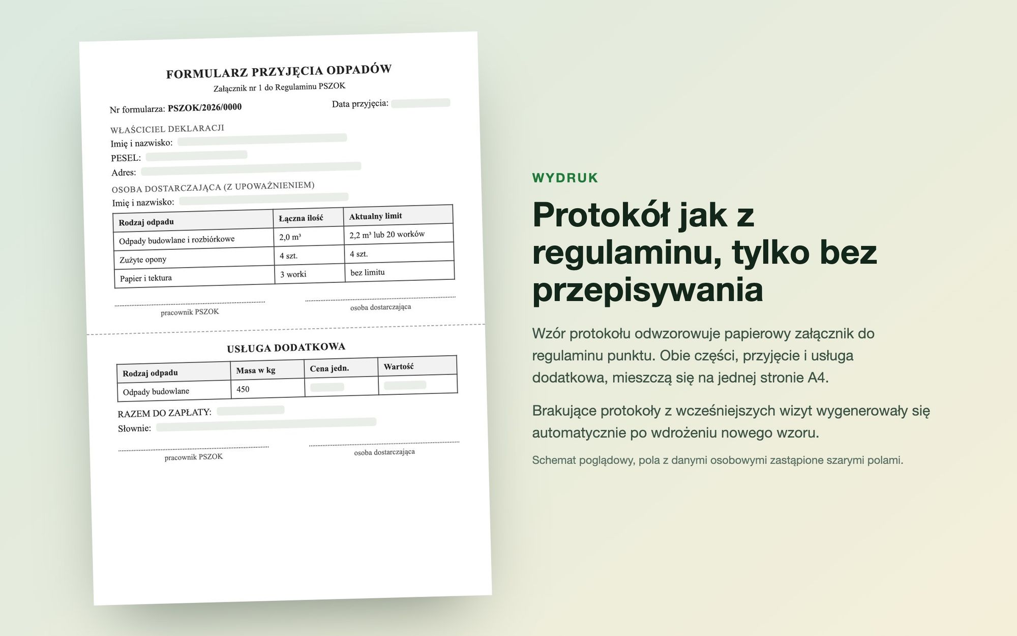 Poglądowy wzór protokołu przyjęcia odpadów z częścią usługi dodatkowej, pola z danymi osobowymi zastąpione szarymi polami