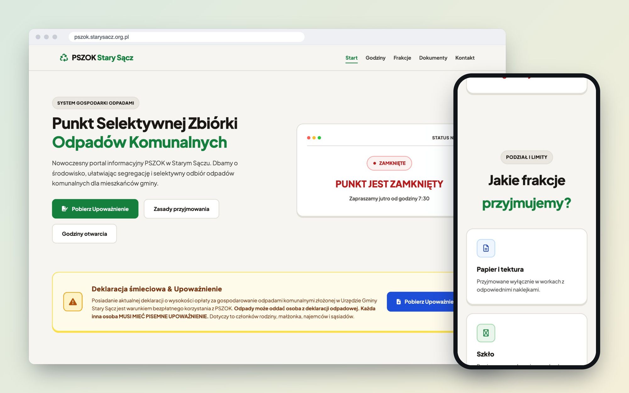 Strona informacyjna pszok.starysacz.org.pl z godzinami otwarcia, statusem punktu na żywo i listą przyjmowanych frakcji, obok wersja na telefon