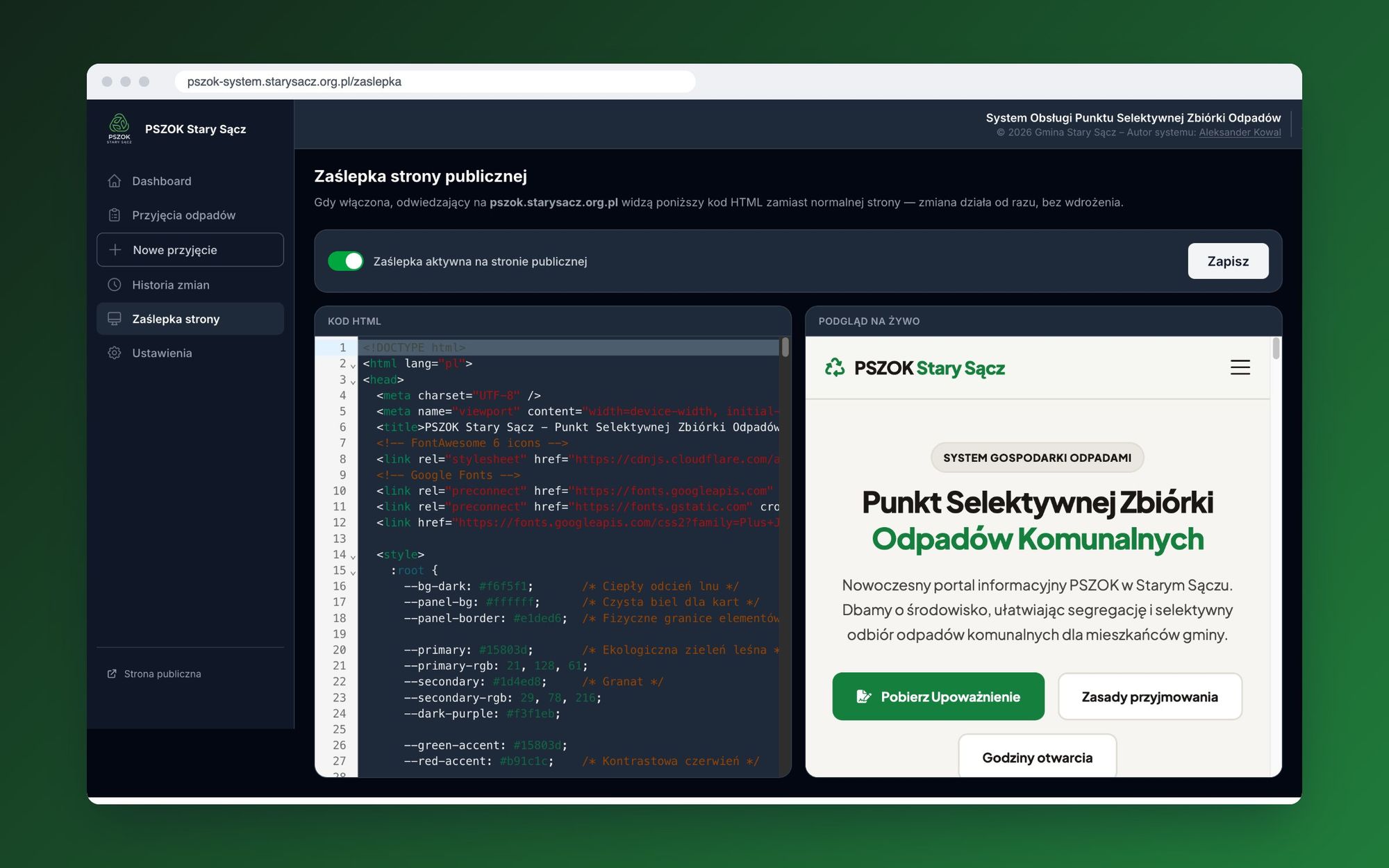 Edytor zaślepki strony publicznej: przełącznik włączenia, kod HTML z podświetlaniem składni i podgląd na żywo