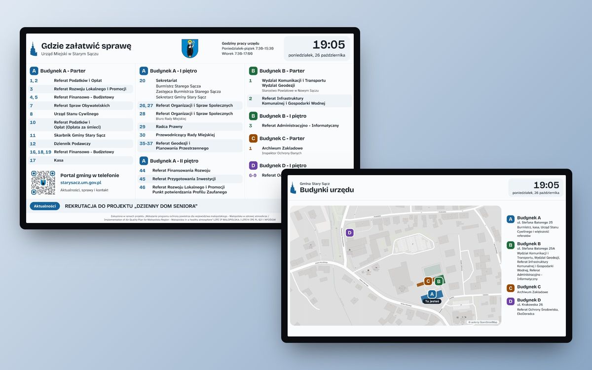Two televisions: a board titled 'Where to handle the matter' with a list of rooms in buildings A-D and a slide with a map of the office buildings