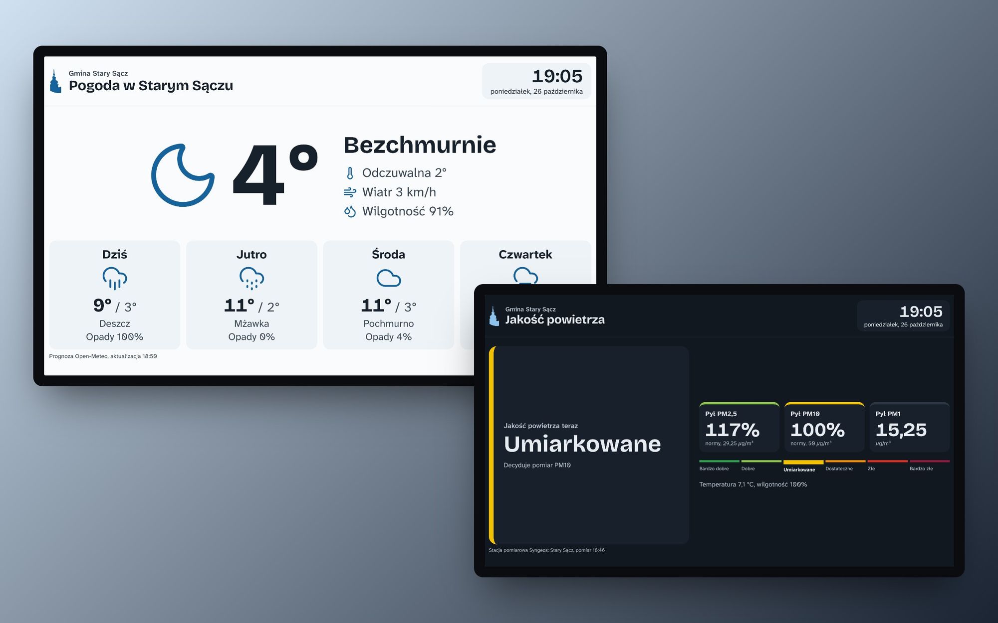 Slajd z prognozą pogody i slajd z jakością powietrza w trybie nocnym