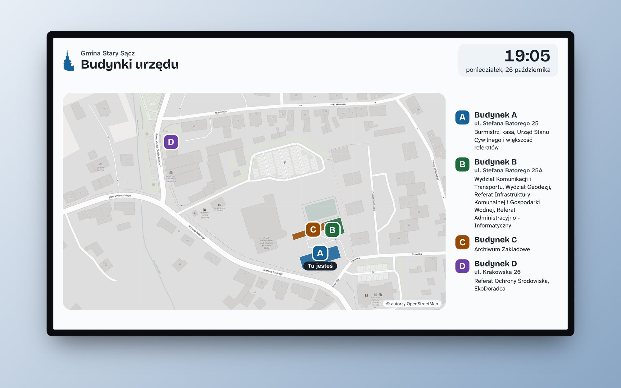 Slajd Budynki urzędu: mapa z zaznaczonymi budynkami A, B, C i D, oznaczeniem Tu jesteś i opisem, co jest w którym budynku