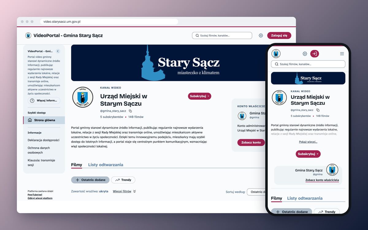 The Municipal Office of Stary Sącz channel on the municipal video portal, in a browser and on a phone, with a carmine accent